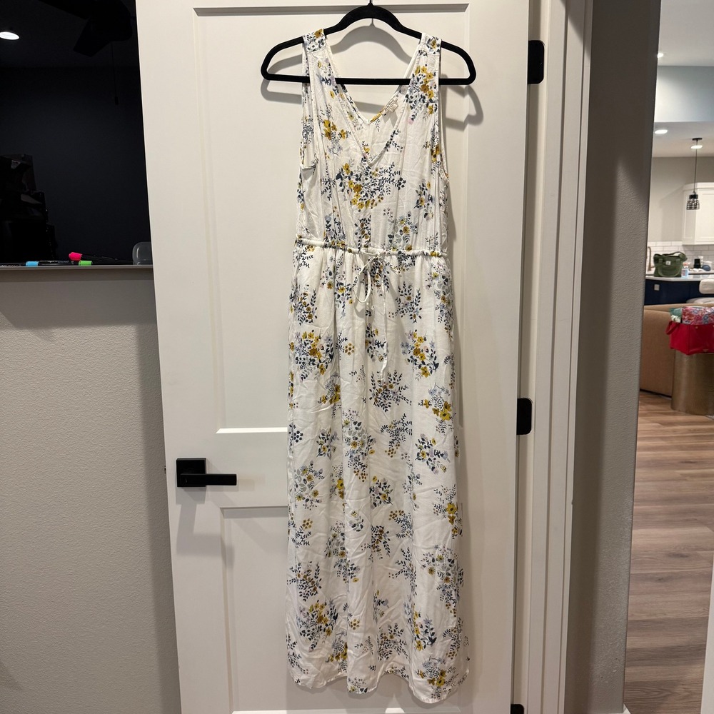 Boho Cottagecore Lucky Brand Floral Maxi Dress L V Neck Drawstring Viscose